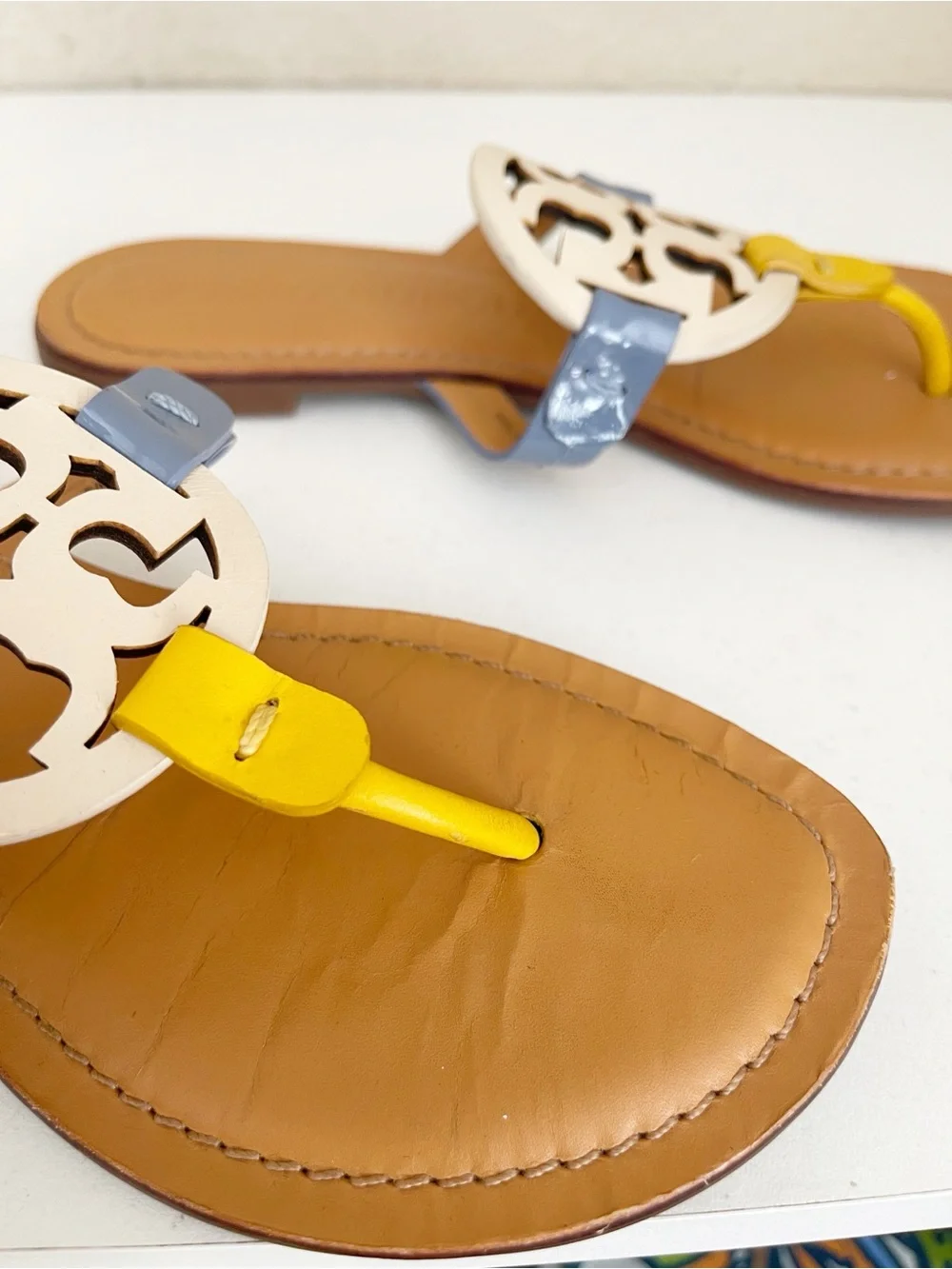 Tory Burch Miller Leather Thong Sandal in Yellow, Blue & White 7